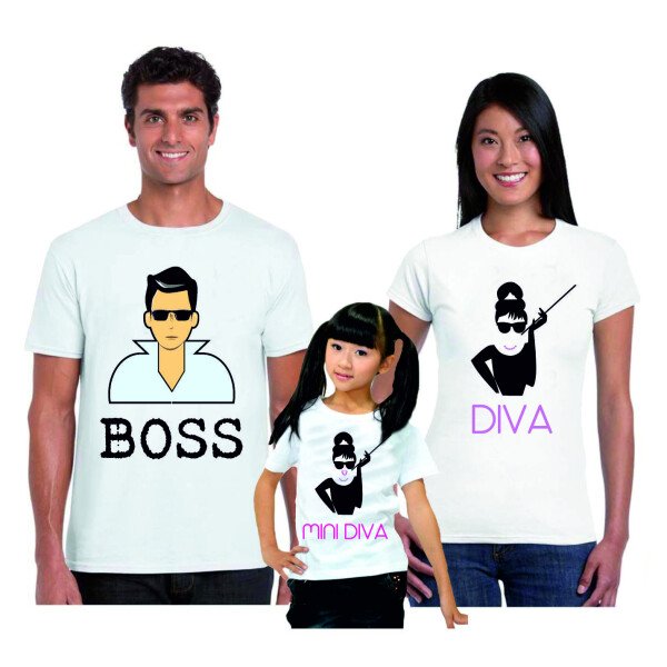 Tris T-Shirt Famiglia madre, padre, figlia Boss, Diva, Mini Diva - festa del papa' - festa della mamma - magliette divertenti per tutta la famiglia - idea regalo