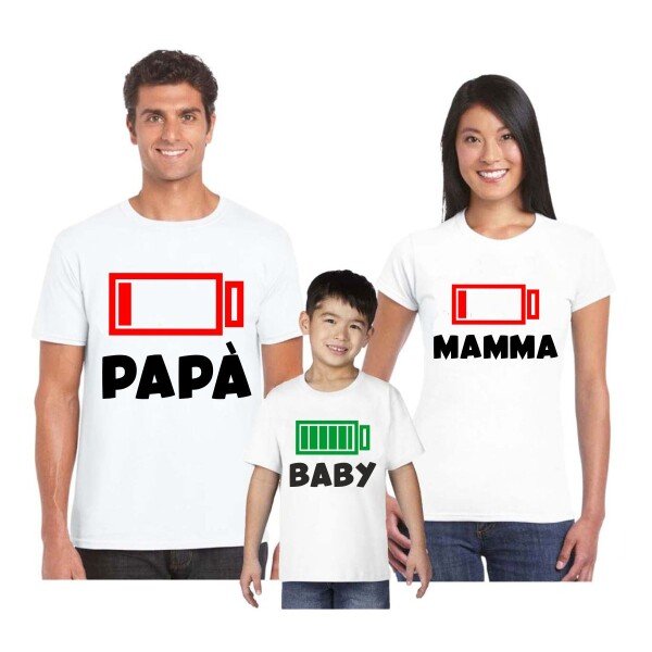 Tris T-Shirt Famiglia madre, padre, figlio batteria scarica - festa del papa' - festa della mamma - magliette divertenti per tutta la famiglia - idea regalo