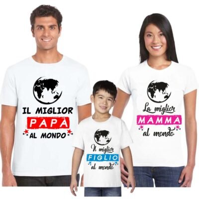 Set t-shirt coordinate famiglia 3 pezzi mamma, papa, figlio migliori del mondo