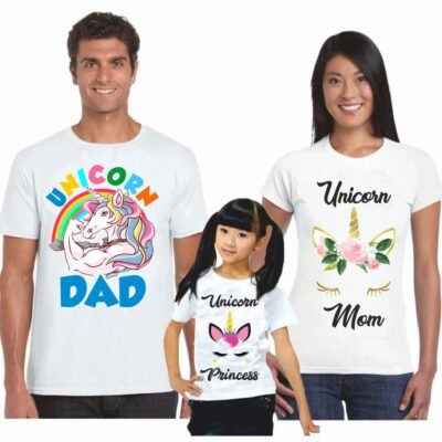 Set t-shirt coordinate famiglia 3 pezzi unicorno mamma, papà e figlia
