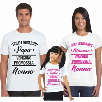 Set t-shirt coordinate famiglia 3 pezzi mamma e papà promossi a nonni con figlia