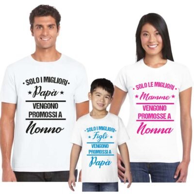 Set t-shirt coordinate famiglia 3 pezzi mamma e papà promossi a nonni con figlio