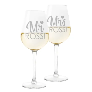 Coppia Calici Personalizzati Set da 2 calici vino personalizzati con cognome Mr Mrs - bicchiere in vetro 500 ml