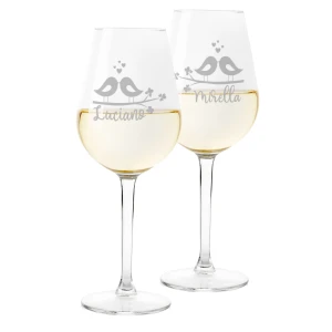 Coppia Calici Personalizzati Set da 2 calici vino personalizzati con nome Bird Kiss Innamorati - bicchiere in vetro 500 ml