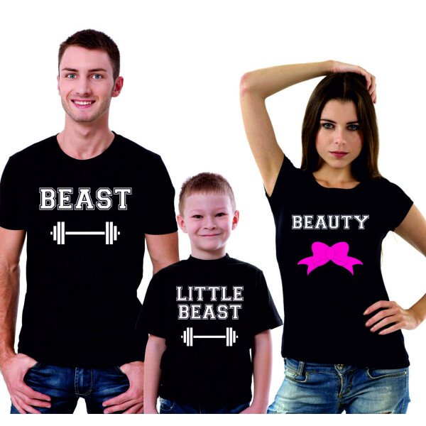 Tris T-Shirt Famiglia madre, padre, figlio Beast, Beauty, Little Beast - festa del papa' - festa della mamma - magliette divertenti per tutta la famiglia - idea regalo