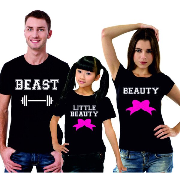 Tris T-Shirt Famiglia madre, padre, figlia Beast, Beauty, Little Beauty - festa del papa' - festa della mamma - magliette divertenti per tutta la famiglia - idea regalo
