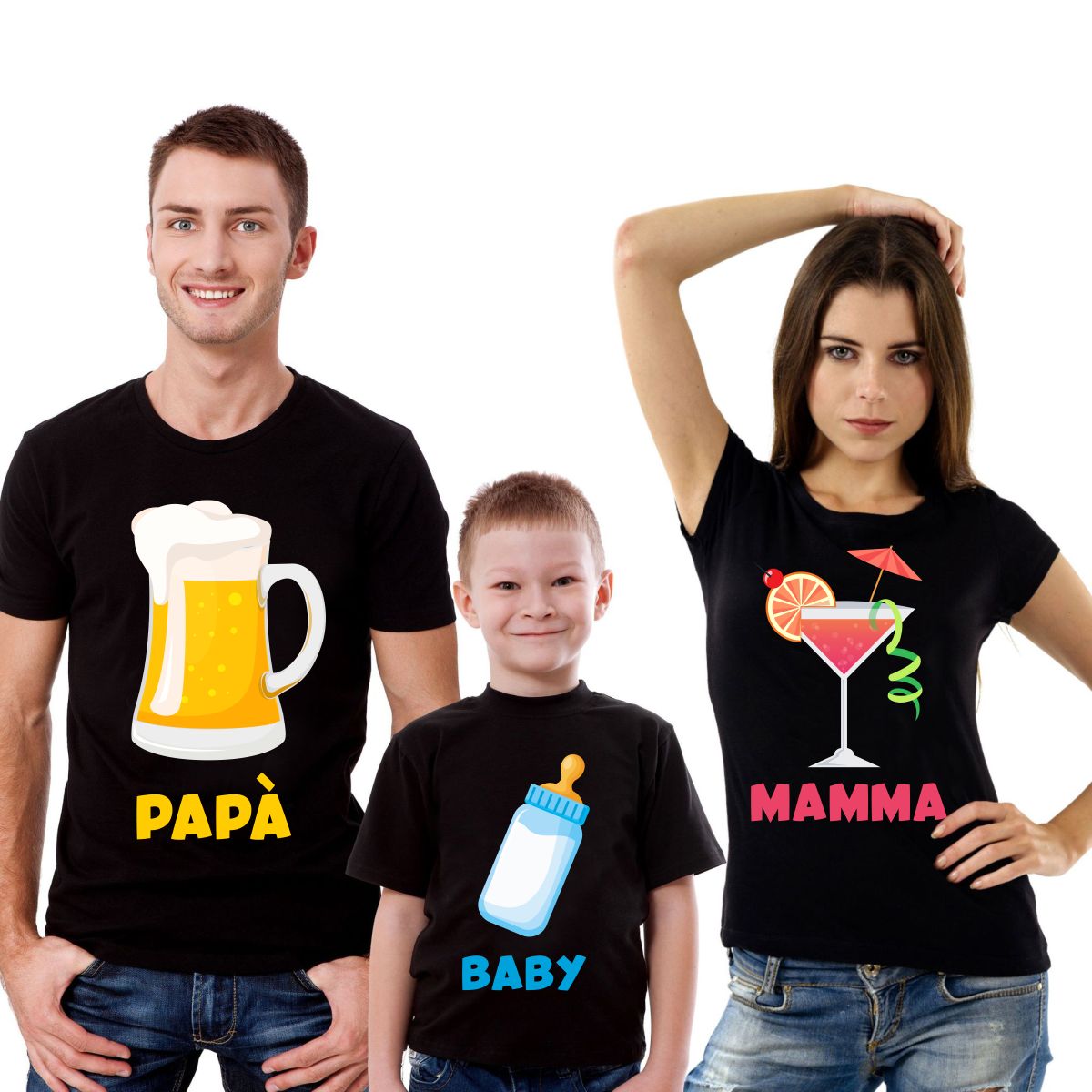 Tris T-Shirt Famiglia madre, padre, figlio Beer, Cocktail, Milk