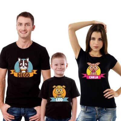 Set t-shirt coordinate famiglia 3 pezzi personalizzabile per amanti dei cani