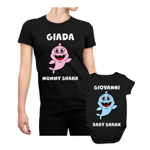 Coppia t-shirt e body neonato Festa della Mamma PERSONALIZZABILE Maglietta Mamma Figlio Mommy Shark Baby Shark - Idea Regalo Mamma