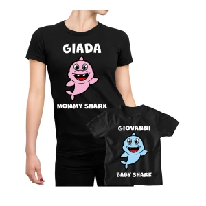 Coppia t-Shirt Festa della Mamma PERSONALIZZABILE Maglietta Mamma Figlio Mommy Shark Baby Shark - Idea Regalo Mamma