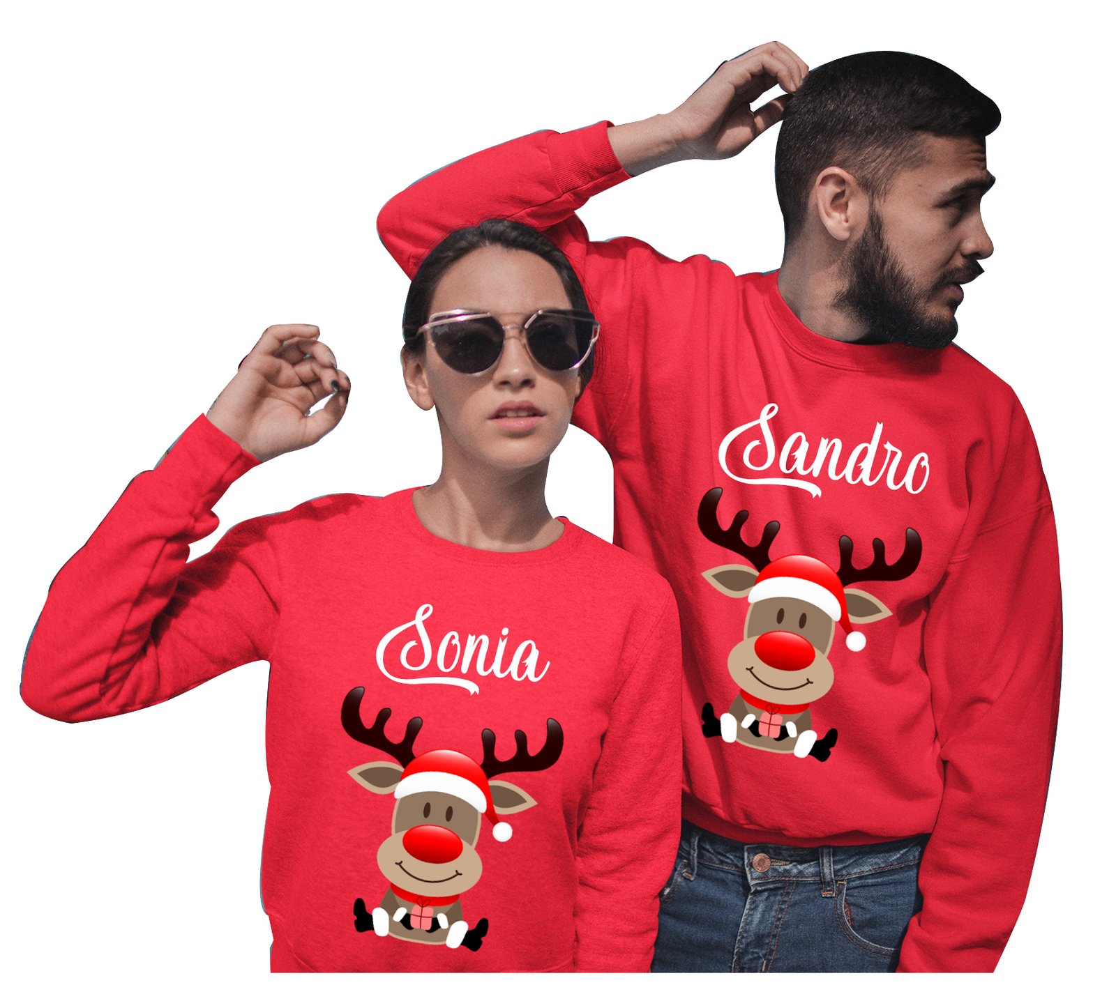 Coppia di Felpe Girocollo Natale Natalizie lui e lei PERSONALIZZABILE -  PERSONALIZZA CON IL TUO NOME - renna - rudolph - idea regalo natale -  ColorFamily