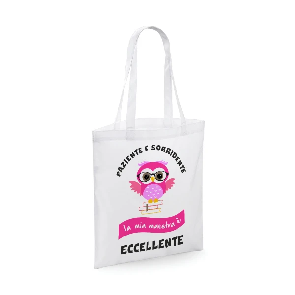Shopping bag Maestra - paziente e sorridente la mia maestra è eccellente - humor - idea regalo - dimensioni 40x40 cm