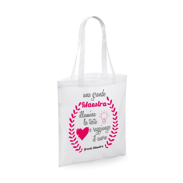 Shopping Bag in cotone Maestra Una grande maestra illumina la testa e raggiunge il cuore- grazie maestra - idea regalo fine anno scolatisco