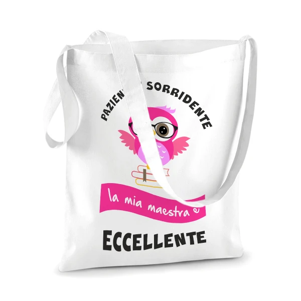 Shopping bag Maestra - paziente e sorridente la mia maestra è eccellente - humor - idea regalo - dimensioni 40x40 cm - immagine 2