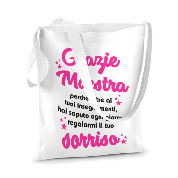 Shopping bag Maestra - oltre ai tuoi insegnanti ogni giorno ci regali un sorriso - grazie maestra - idea regalo - dimensioni 40x40 cm - immagine 2