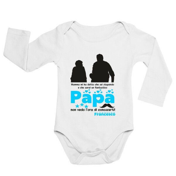 Body neonato manica lunga Regalo Festa del Papà Body papà neonato divertenti PERSONALIZZABILE maschietto Mamma mi ha detto che sei stupendo e che sarai un fantastico papà - non vedo l'ora di conoscerti