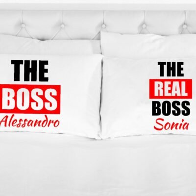 Coppia di federe matrimoniali divertenti PERSONALIZZABILI Boss Real Boss SanValentino Anniversario Matrimonio Innamorati simpatiche