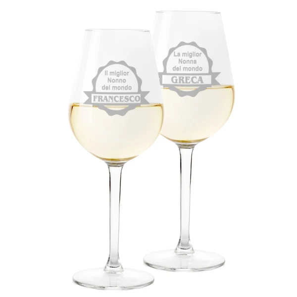 Coppia Calici Personalizzati Set da 2 calici vino personalizzati con nome Nonna Nonno migliore al mondo - bicchiere in vetro 500 ml