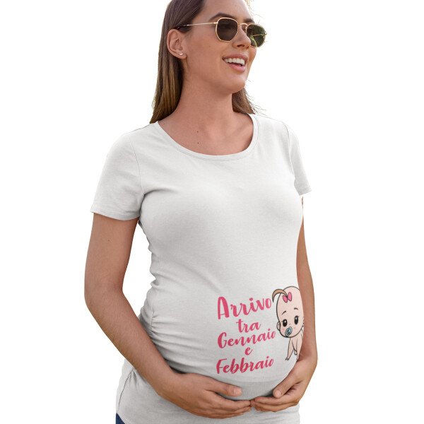 T-Shirt Maglietta ideale Premaman PERSONALIZZABILE femminuccia neonata Arrivo tra (personalizza mese di nascita) - immagine 3