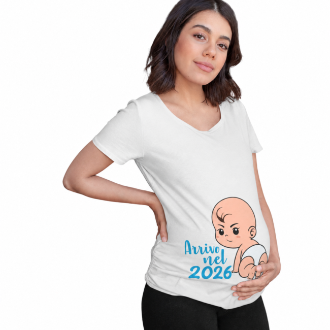 T-shirt premaman in attesa di un maschietto nel 2026