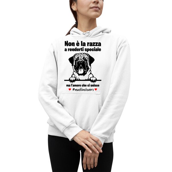 Felpa Mastino Donna Non è la razza che conta ma l'amore che ci unisce felpa con cappuccio Donna divertenti