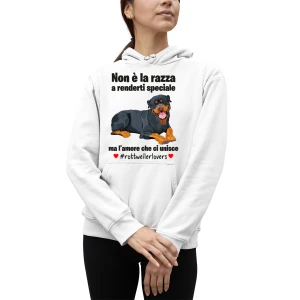 Felpa Rottweiler Donna Non è la razza che conta ma l'amore che ci unisce felpa con cappuccio Donna divertenti