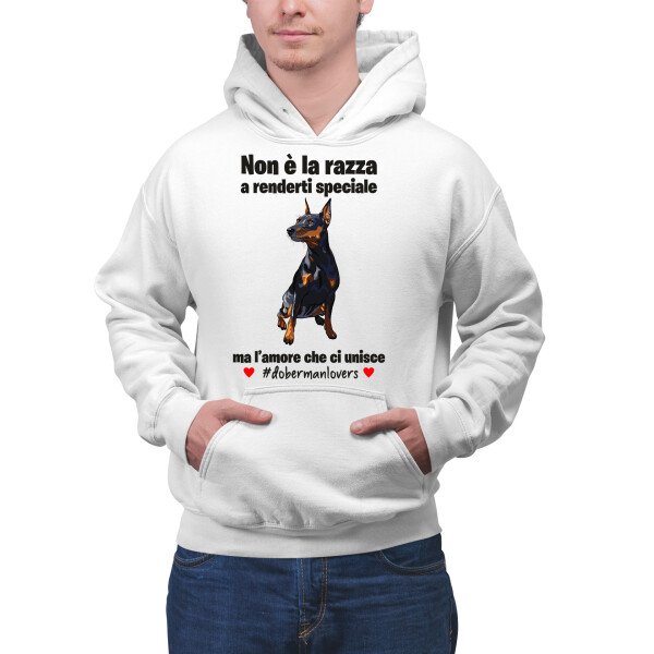 Felpa Doberman Uomo Non è la razza che conta ma l'amore che ci unisce felpa con cappuccio Uomo divertenti