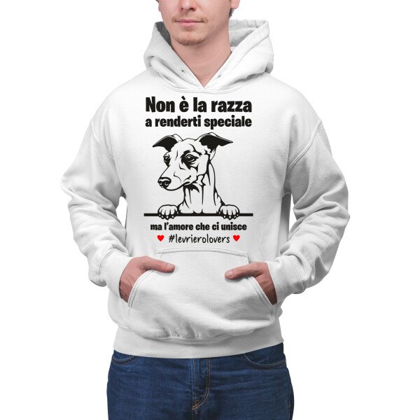 Felpa Levriero Uomo Non è la razza che conta ma l'amore che ci unisce felpa con cappuccio Uomo divertenti