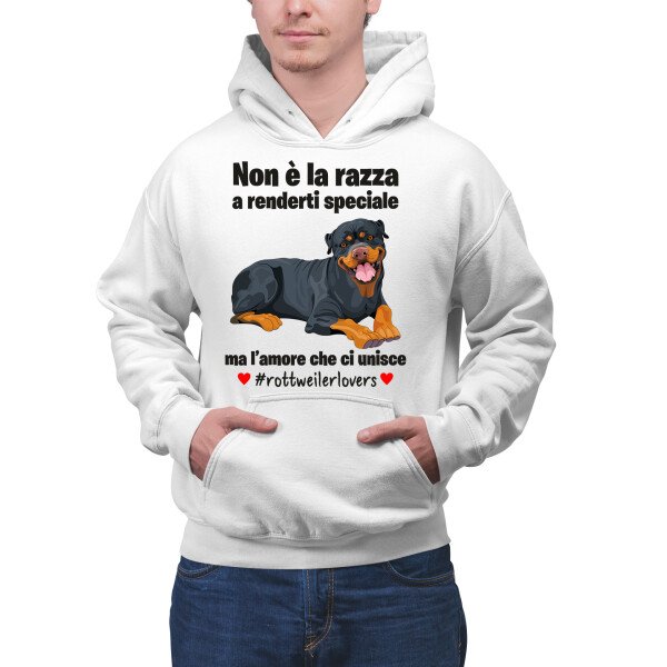 Felpa Rottweiler Uomo Non è la razza che conta ma l'amore che ci unisce felpa con cappuccio Uomo divertenti