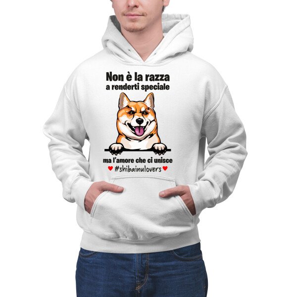 Felpa Shiba Inu Uomo Non è la razza che conta ma l'amore che ci unisce felpa con cappuccio Uomo divertenti