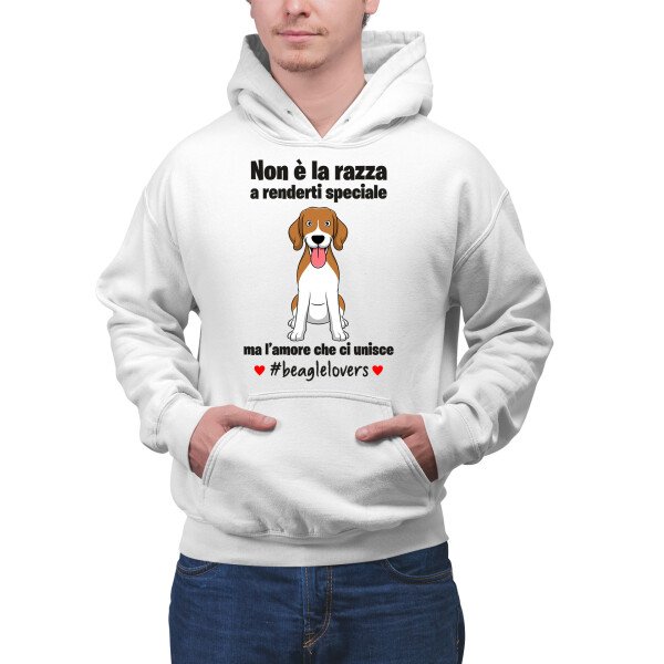 Felpa Beagle Uomo Non è la razza che conta ma l'amore che ci unisce felpa con cappuccio Uomo divertenti