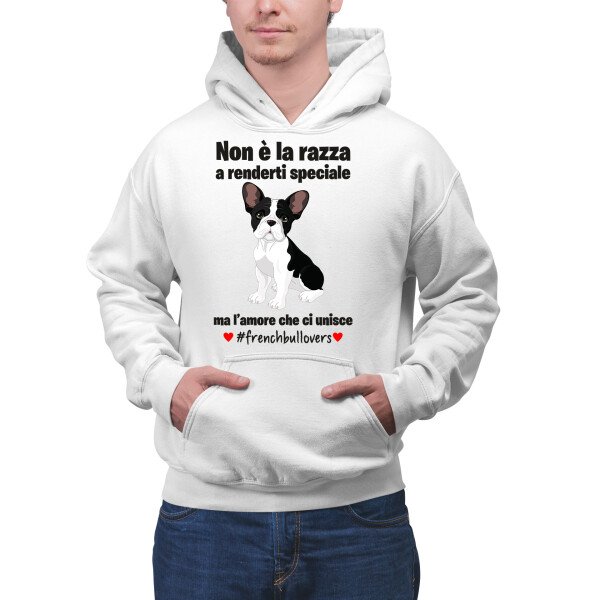 Felpa Bulldog Uomo Non è la razza che conta ma l'amore che ci unisce felpa con cappuccio Uomo divertenti