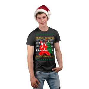 Maglietta Natale Uomo Natalizia Rockin' around the Christmas tree - Santa Rock - Tema Natalizio - Regalo di Natale - t-Shirt Divertente - Idea Regalo Natale