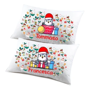 Coppia di federe PERSONALIZZABILI matrimoniali natalizie divertenti Pinguini Natale Personalizza con nome