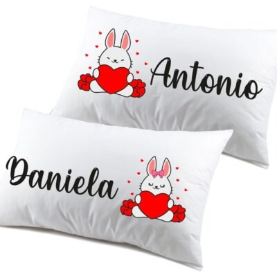 Coppia federe divertenti PERSONALIZZABILI nome matrimoniali coniglietti rabbits Regalo Natale Compleanno SanValentino