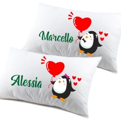 Coppia federe divertenti PERSONALIZZABILI nome matrimoniali pinguini amore Regalo Natale Compleanno SanValentino