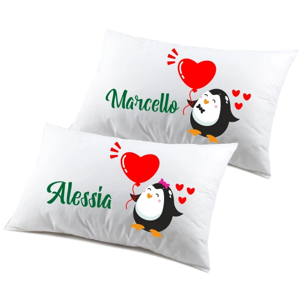 Coppia federe divertenti PERSONALIZZABILI nome matrimoniali pinguini amore Regalo Natale Compleanno SanValentino