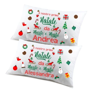 Coppia di federe PERSONALIZZABILI matrimoniali natalizie divertenti Il nostro primo Natale da marito e moglie Personalizza con nome