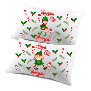 Coppia di federe PERSONALIZZABILI matrimoniali natalizie divertenti Mamma Elfo papà Elfo Natale Personalizza con nome