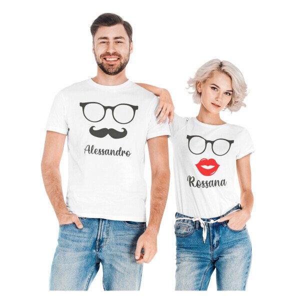 Coppia Magliette T-Shirt Sanvalentino Personalizzabile Baffi Rossetto Personalizza con nome Amore Innamorati Fidanzati Regalo Lui e Lei