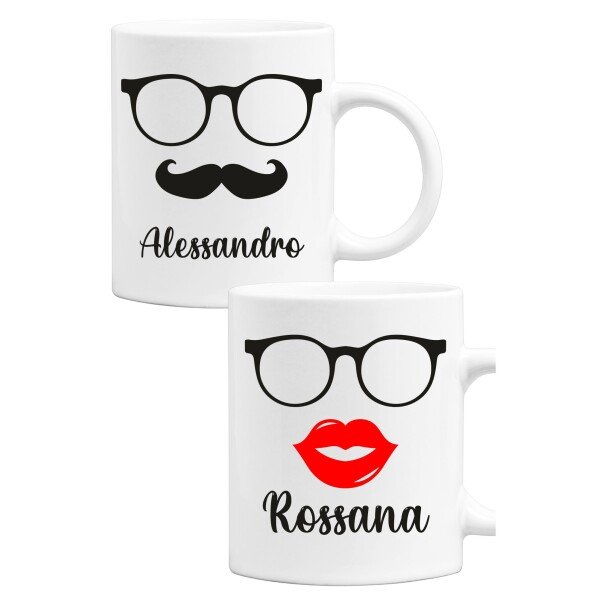 Coppia Tazze Mug Sanvalentino Personalizzabile Baffi Rossetto Personalizza con nome Amore Innamorati Fidanzati Regalo Lui e Lei