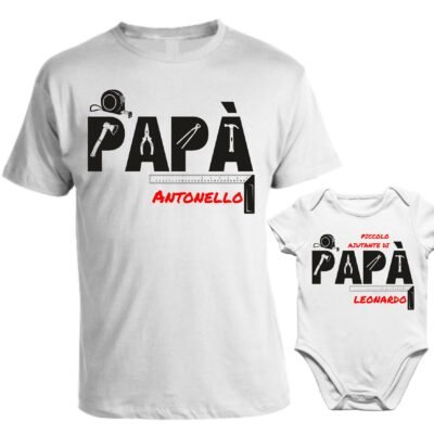 Set t-shirt e body coordinato personalizzabile papà e figlio piccolo meccanico aiutante di papà