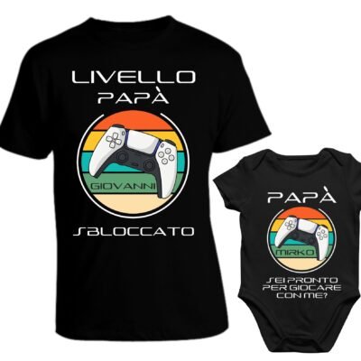 Set t-shirt e body coordinato personalizzabile papà gamer e figlio livello papà sbloccato