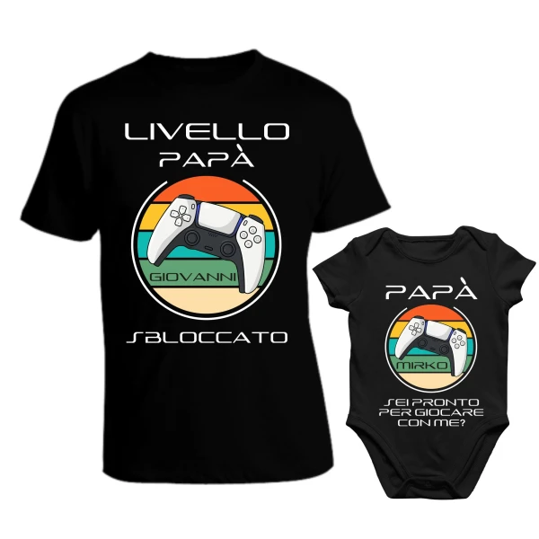 Coppia T-Shirt Maglietta PERSONALIZZABILE Papà Body Papà Padre Figlio Livello Papà sbloccato