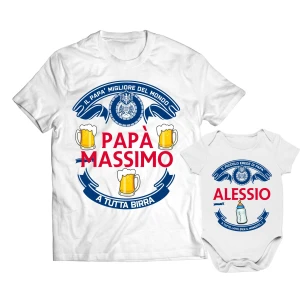 Coppia T-Shirt Papà e Body Neonato PERSONALIZZABILE Padre Figlio A tutto Latte (per il momento) & Birra - Idea Regalo papà