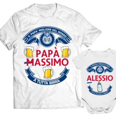Set t-shirt e body coordinato personalizzabile papà e bebè con birra e latte