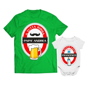 Coppia T-Shirt Papà e Body Neonato PERSONALIZZABILE Padre Figlio A tutta Birra & Latte Per Ora - Idea Regalo papà