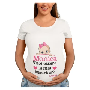 Maglietta Ideale per Il Premaman PERSONALIZZABILE Femminuccia Vuoi essere la mia madrina? Idea regalo nascita