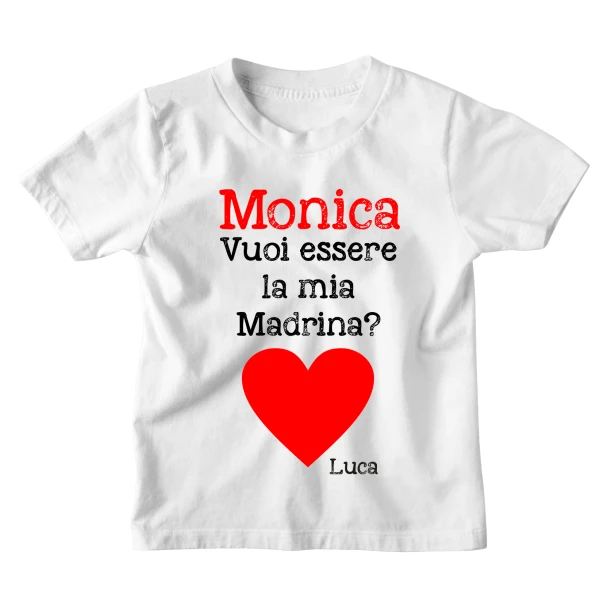 Maglietta Bambino Divertente Cuore Gigante Vuoi essere la mia madrina? - personalizza con il Nome della Madrina - Idea Regalo