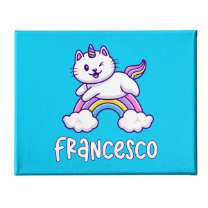 Quadro Tela Pittorica Canvas PERSONALIZZABILE col nome del tuo bimbo - gatto unicorno - Disponibile nei formati 50x70 cm e 35x50 cm